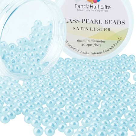PandaHall Elite 6mm Light Cyan Glass Pearls Tiny Satin Luster Round Loose Pearl Beads for Jewelry Making, about 400pcs/box