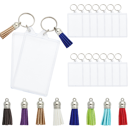 CHGCRAFT 32Pcs Blanks Acrylic Photo Keychain with Mix Colors Suede Tassels Charms Rectangle Acrylic Keychain Picture Frame Keychain with Tassels DIY Key Chain Kit