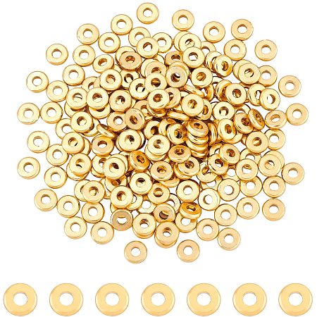 NBEADS 200 Pcs Brass Spacer Beads, 4mm Real 14K Gold Plated Beads Long-Lasting Plated Flat Round Beads Matte Style Brass Beads for DIY Jewelry Making