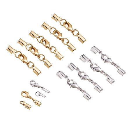 PandaHall Elite 20 Sets Brass Lobster Claw Clasps Fold Over Cord End Caps Terminators Crimp End Tips for Jewelry Making, Silver & Golden