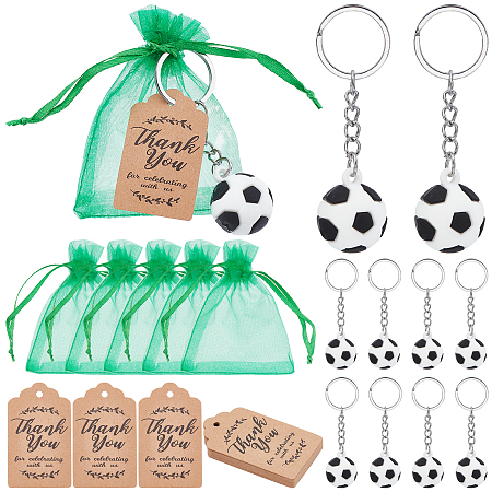 AHANDMAKER 20 Sets Soccer Ball Keychains Kit, Soccer Party Favors Include Soccer Keychain for Backpacks & Drawstring Green Mesh Organza Bags & Thank You Tags for Soccer Birthday Sports Events Gift