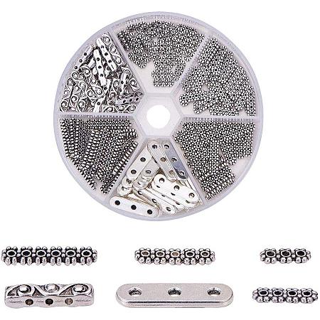 PandaHall Elite 180pcs 6 Styles Rectangle Spacer Bar Tibetan Antique Silver 3~6 Hole Multi Strand Connector Link End Bar for Jewelry Making