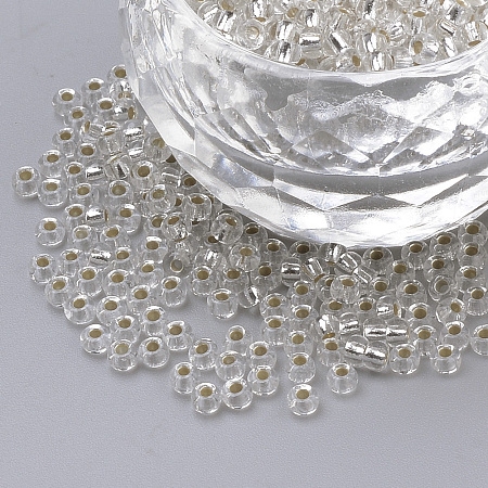 FGB 12/0 Round Glass Seed Beads, Silver Lined, Clear, 2x1.5mm, Hole: 0.5mm, about 45000pcs/pound