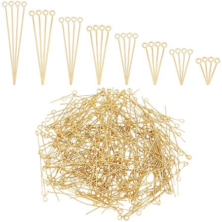 DICOSMETIC 320Pcs 8 Sizes Golden Color Stainless Steel Bead Eye Pins Ball Head Point Eye Pins Findings Open Eye Pin for Earring Bracelet Pendant Jewelry Making，Hole：2mm
