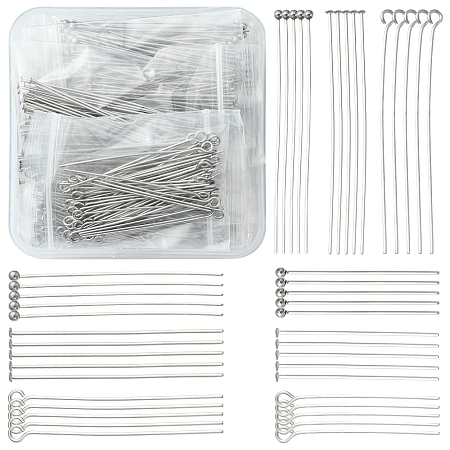 Honeyhandy 540Pcs 9 Styles 304 Stainless Steel Pin Sets, Including Eye Pins & Flat Head Pins & Ball Head Pins, Stainless Steel Color, 21 Gauge, 30~50x0.7mm, 60pcs/style