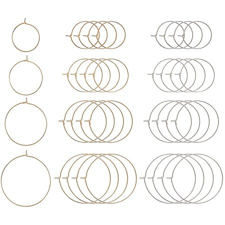 PandaHall 80pcs 4 Sizes Brass Round Hoop Earrings Wire Hoops Wine Glass Charm Rings Beading Hoop for DIY Craft Making Party Favors, Golden & Stainless Steel Color