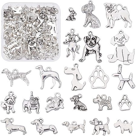 PandaHall Elite 22 Styles Dog Pet Charms, 88pcs Metal Dog Paw Prints Bone Charms Pendants Tibetan Antique Silver Animal Charms Dangle Charms for DIY Bracelet Necklace Jewelry Making