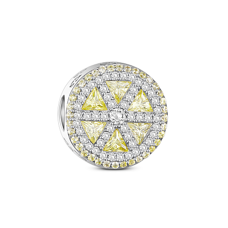 SHEGRACE 925 Sterling Silver European Beads, with Cubic Zirconia, Large Hole Beads, Luxurious Circle, Platinum, Light Goldenrod Yellow, 13.69x13.18x9.05mm, Hole: 4.57mm