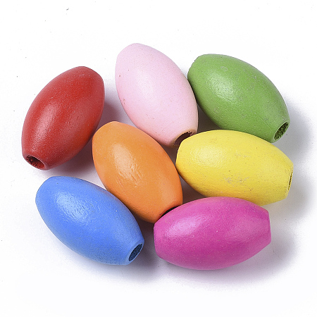 Honeyhandy Spray Painted Natural Maple Wood Beads, Egg Shaped Rugby Wood Beads, Oval, Mixed Color, 28.5x17.5mm, Hole: 5.5mm, about 190pcs/500g