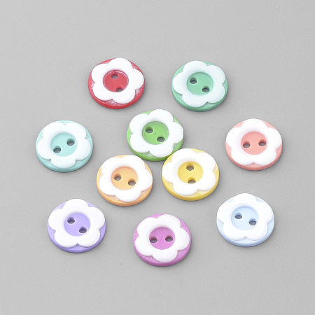 Honeyhandy 2-Hole Acrylic Buttons, Flat Round/Flower, Mixed Color, 12x2mm, Hole: 1.5mm