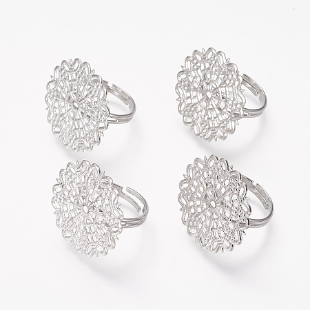 Honeyhandy Brass Filigree Ring Bases, Adjustable, Lead Free, Cadmium Free and Nickel Free, Platinum Color, Plated,Size: Ring: 18~19mm in diameter, 1mm thick, Tray: about 25mm in diameter, 0.8mm thick