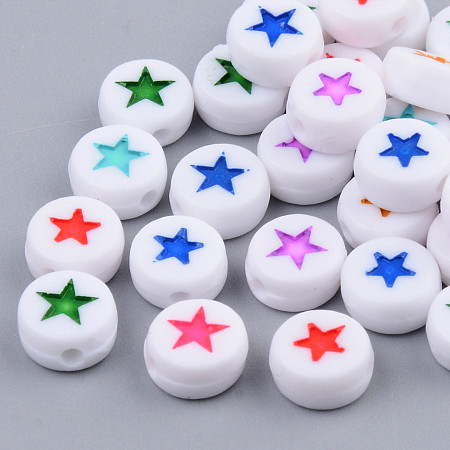 ARRICRAFT Opaque Acrylic Enamel Beads, Flat Round with Star, Mixed Color, 7x4mm, Hole: 1.5mm