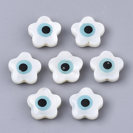 ARRICRAFT Natural Freshwater Shell Beads, with Enamel, Flower with Evil Eye, Sky Blue, 10.5x10.5x4.5mm, Hole: 0.9mm