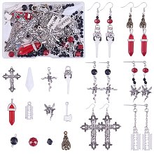 DIY Gothic Earring Making Kit, Including Bullet & Bat & Cross & Axe & Blade Glass & Alloy & Brass Charms & Link Connectors, Iron Earring Hooks & Stud Earring Findings, Glass & Acrylic Beads, Antique Silver & Platinum