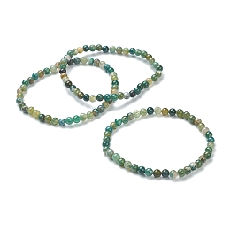 Honeyhandy Natural Moss Agate Beaded Stretch Bracelets, Round, Beads: 4~5mm, Inner Diameter: 2-1/4 inch(5.65cm)