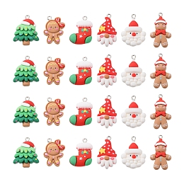 Honeyhandy 24Pcs 6 Styles Christmas Opaque Resin Pendants, with Platinum Tone Iron Loops, Gingerbread Man & Gnome & Santa Claus, Mixed Shapes, Mixed Color, 26.5~33x18~22x5.5~7.5mm, Hole: 2x2.5~3mm,  4pcs/style