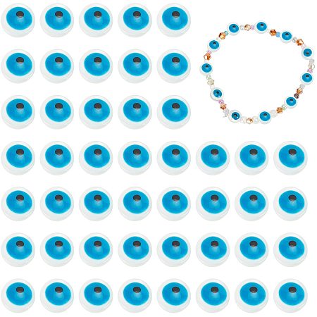 SUNNYCLUE Natural Freshwater Shell Beads, Enamelled Sequins, Flat Round with Evil Eye, Cornflower Blue, 8x5mm, Hole: 0.8mm; 50pcs/box
