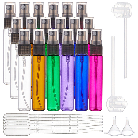 BENECREAT Glass Spray Bottles, with Fine Mist Sprayer & Dust Cap, 3ML Plastic Dropper & Funnel Hopper & Pump, Mixed Color, 9.5x1.6cm; Capacity: 10ml; 6 colors, 3pcs/color, 18pcs