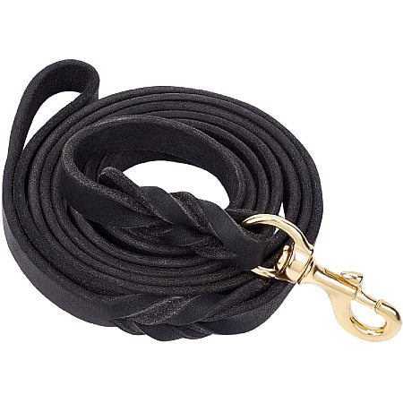 Cowhide Leather Dog Leash with Brass Clasps, Pet Braided Dog Leash, for Large Medium Leads Rope Dogs Walking & Training, Black, 208x1.75x0.6cm