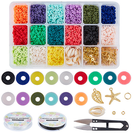 SUNNYCLUE DIY Jewelry Set Kits, with Environmental Handmade Polymer Clay Heishi Beads, Brass Spacer Beads, Cowrie Shells, Alloy Pendants, Iron Jump Rings, Elastic Crystal Thread, Steel Scissors, Mixed Color, Disc Beads: 6x1mm, Hole: 2mm