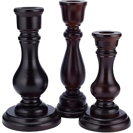 Pandahall Elite 3 Styles Wood Candle Holder, 5.2” 6.5” 6.7” High Pillar Candlestick Retro Romantic Candle Holder for Wedding, Festival and Birthday Candlelight Dinner Decorative Light Home Décor