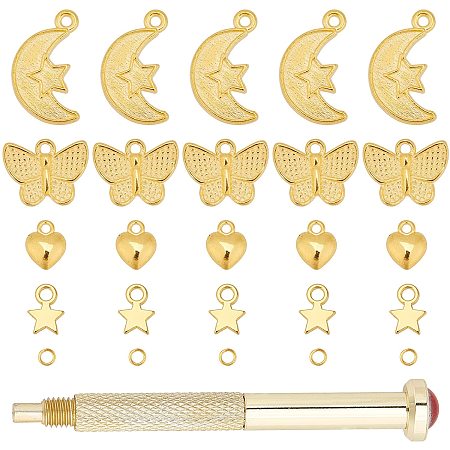 Arricraft About 180 Pcs Golden Nail Art Charms, Include Moon, Star, Butterfly, Heart 3D Nail Art Supplies with Jump Rings and Manual Nail Art Punch Tools, Gold Nail Art Kit for DIY Nail Art