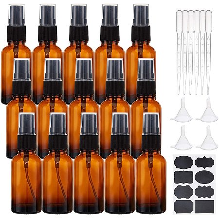 BENECREAT 15 Pack 1oz/30ml Amber Glass Fine Mist Spray Bottle with Black Caps, 4PCS Plastic Funnels, 10PCS 3ml Plastic Droppers and Labels for Liquids Essential Oils