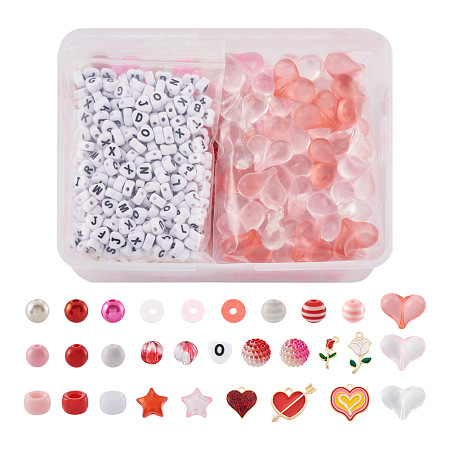 Craftdady DIY Jewelry Making Finding Kit for Valentine's Day, Polymer Clay Disc & Resin & Letter Acrylic & Glass Pumpkin Beads, Heart & Rose Alloy Enamel Pendants, Red, 1690Pcs/box