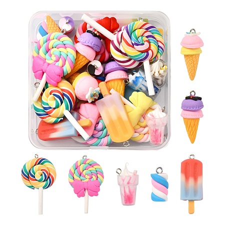 Honeyhandy Food Shape Pendant Set for DIY Jewelry Making Finding Kit, Including Ice Cream & Lollipop & Marshmallow Polymer Clay Pendamts, Ice Cream Resin Pendants, Mixed Color, 26pcs/box