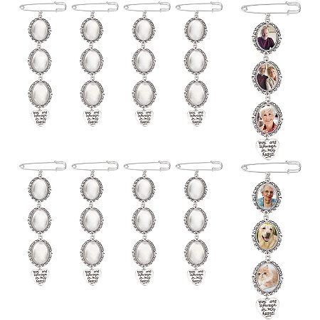 PandaHall Elite Wedding Bouquet Photo Charm, 10 Sets Triple Oval Frame Bridal Charm Lacy Oval Bridal Charm Heart Brooch Charms with 18x25mm Oval Glass Cabochons