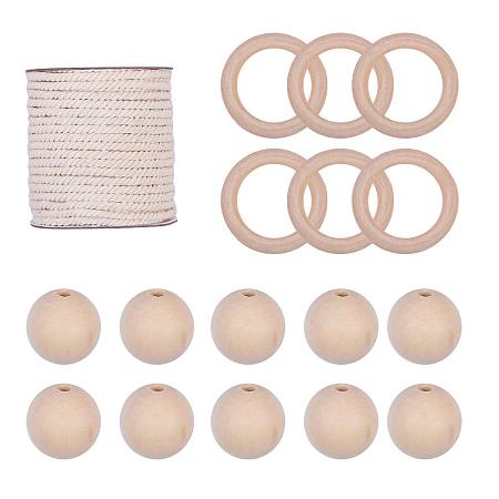PandaHall Elite 21 Pcs Macrame Wall Hanging Craft Kit Including 10 pcs 5cm Unfinished Solid Wooden Rings 10 pcs 6mm Wooden Beads 20 Yards 4mm Cotton Cord Twisted Cotton Rope for DIY Plant Hangers