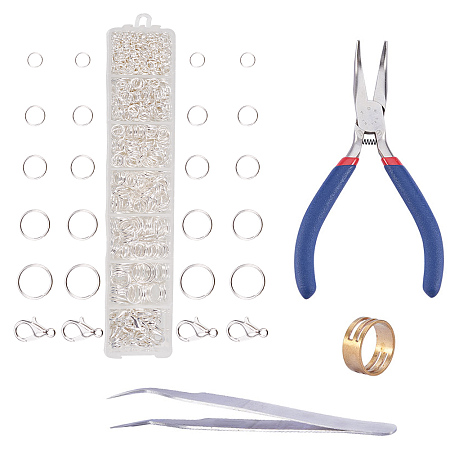 PandaHall Elite 1 Box Iron Jewelry Findings Kit with Open Jump Rings, Lobster Claw Clasps, Flat Nose Plier, Beading Tweezer and Ring Assistant Tool for Jewelry Making Sliver