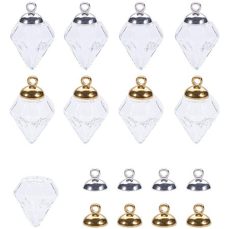 Arricraft 20 Sets Polyhedron Clear Glass Vial Pendant Wish Bottles Glass Locket with Silver/Golden Metal Caps for Necklace Pendant Jewelry Making