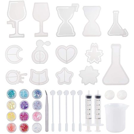 PandaHall Elite UV Resin Molds Kit, 10pcs Epoxy Resin Mold with Moon, Heart, Star, Hourglass, Cat, Wine Glass, Perfume Bottle, Silicone Measuring Cups, Dispensing Syringe, Sequins, Tweezers, Stirring Rod
