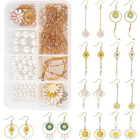 SUNNYCLUE 1 Box DIY 10 Pairs Flower Earring Kits 5 Styles Flower Alloy Enamel Pendants Charms & Glass Pearl Beads & Earring Hooks for DIY Making Supplies Craft