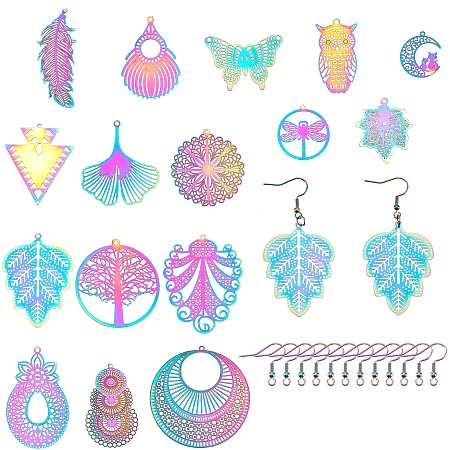 SUNNYCLUE 1 Box 32Pairs 16 Styles Raibow Color Charms Stainless Steel Flat Round with Dragonfly Ginkgo Leaf Owl Butterfly Water Drop Charm Pendants for DIY Earring Jewelry Making Kit Women Beginner