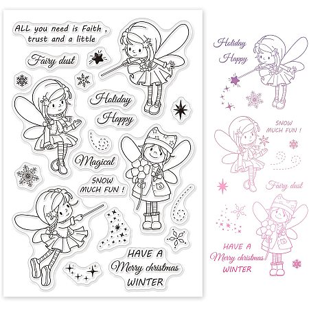 GLOBLELAND Christmas Fairy Silicone Clear Stamps with Christmas Snowflake for Christmas Birthday Thanksgiving Cards Making DIY Scrapbooking Photo Album Decoration Paper Craft,6.3x4.3 Inches