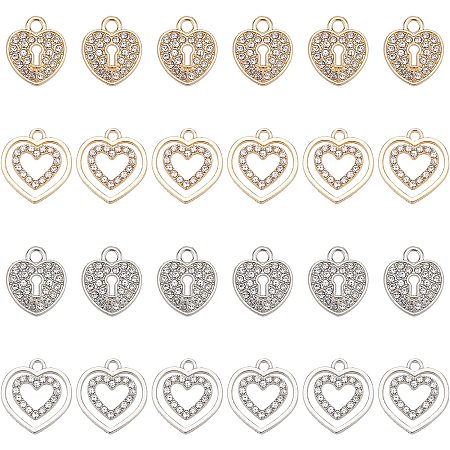 PandaHall Elite Heart Charm Pendants, 24pcs 4 Styles Heart Alloy Dangle Pendants Love Charms with Crystal Rhinestone for Choker Earring Necklace Christams Valentine's Day DIY Jewelry Gift, Golden/Silver