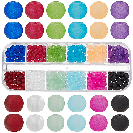 PandaHall Elite 480pcs 12 Colors Transparent Frosted Glass Beads Strands, Round, for Beading Jewelry Making, Mixed Color, 4mm, Hole: 1.1~1.6mm, about 40pcs/color