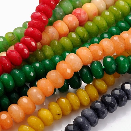 Honeyhandy Natural White Jade Gemstone Beads, Mixed Color, Dyed, Faceted Rondelle, about 8mm in diameter, 5mm thick, hole: 1.2mm, 77 pcs/strand, 15.5 inch