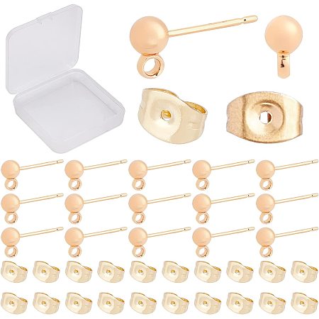 CREATCABIN 1 Box 50Pcs Ball Ear Studs Brass Earrings Post 18K Gold Plated Round Balls Metal Stud Hypoallergenic with Loop Ear Nuts for Man Women Styling DIY Dangle Earring Findings