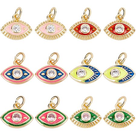 NBEADS 12 Pcs Cubic Zirconia Evil Eye Charms, Real 18K Gold Plated Enamel Eye Charms, 6 Colors Eye Shaped Evil Eye Beads Pendants for Earrings Bracelets Necklace Jewelry Making