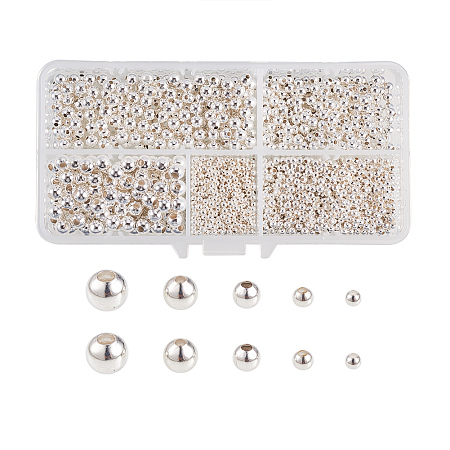 PandaHall Elite 1 Box (About 2700pcs) 5 Size Silver Smooth Round Metal Beads Tiny Spacer Brass Beads for Jewelry Making (2.4mm, 3mm, 4mm, 5mm, 6mm)
