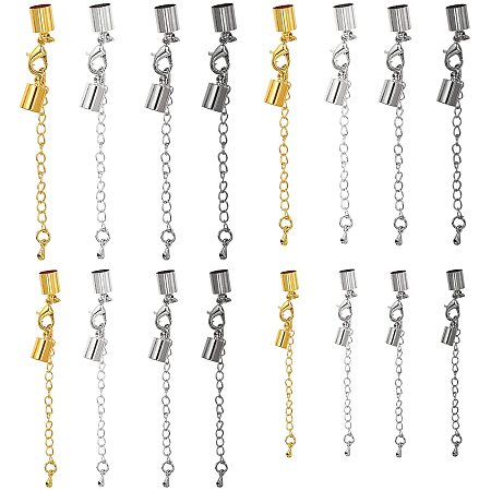PH PandaHall 32 Sets 4 Colors Cord End Clasps Connectors with Lobster Clasp and Extender Chain Adjustable Jewelry Clasps Leather Cord End Cap for Bracelet Necklace Jewelry Making (3/4 / 5/6.5mm)