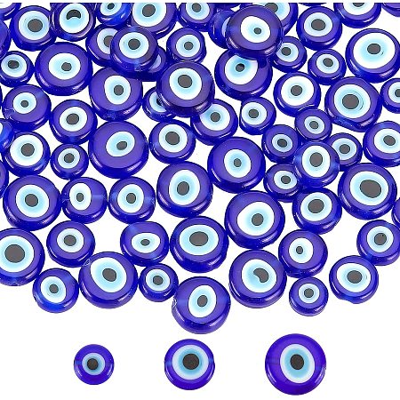 NBEADS 119 Pcs 3 Sizes Flat Evil Eye Beads, Handmade Lampwork Beads Spacer Blue Evil Eye Charms Turkish Loose Beads for Bracelet Earring Necklace DIY Jewelry Making-8mm/10mm/12mm