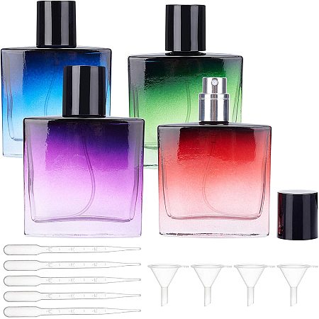 BENECREAT 4 Pack 1oz Rectangle Gradient Glass Spray Bottles Perfume Bottle Atomizer Refillable Bottles of 4 colors with Funnels and Droppers for Essential Oil, and Aromatherapy Sprays