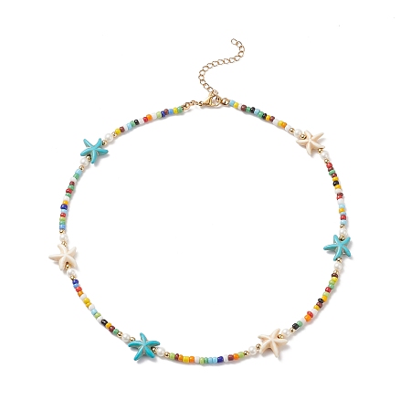 Honeyhandy Colorful Synthetic Turquoise Starfish & Natural Shell Pearl & Glass Seed Beaded Necklace for Women, Golden, 17.32 inch(44cm)