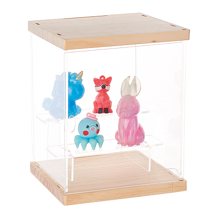FINGERINSPIRE 3-Tier Transparent Acrylic Presentation Boxes, Minifigures Display Case, with Wood Base, for Doll, Action Figures Storage, Clear, Finish Product: 15x15x18cm, about 10Pcs/set