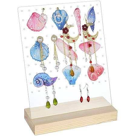 PandaHall Elite 120 Holes Earrings Display Stands Seashell Earring Holder with Wooden Base Acrylic Earring Hanger Board Stud Earring Organizer Jewelry Rack Display for Retail Show Personal 4.7x8x10 Inch