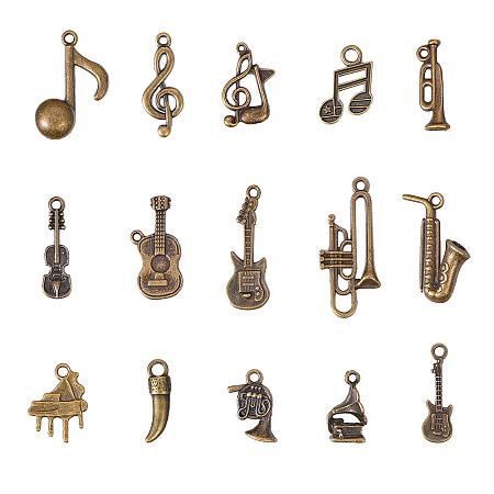 PandaHall Elite 90pcs 15 Style Music Instruments Charms Pendants Tibetan Alloy Beads Charms for DIY Bracelet Necklace Jewelry Making, Antique Bronze(Guitar, Piano, Musical Note, Violin)